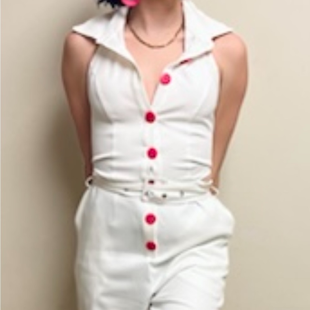 white straight leg jump suit with collar